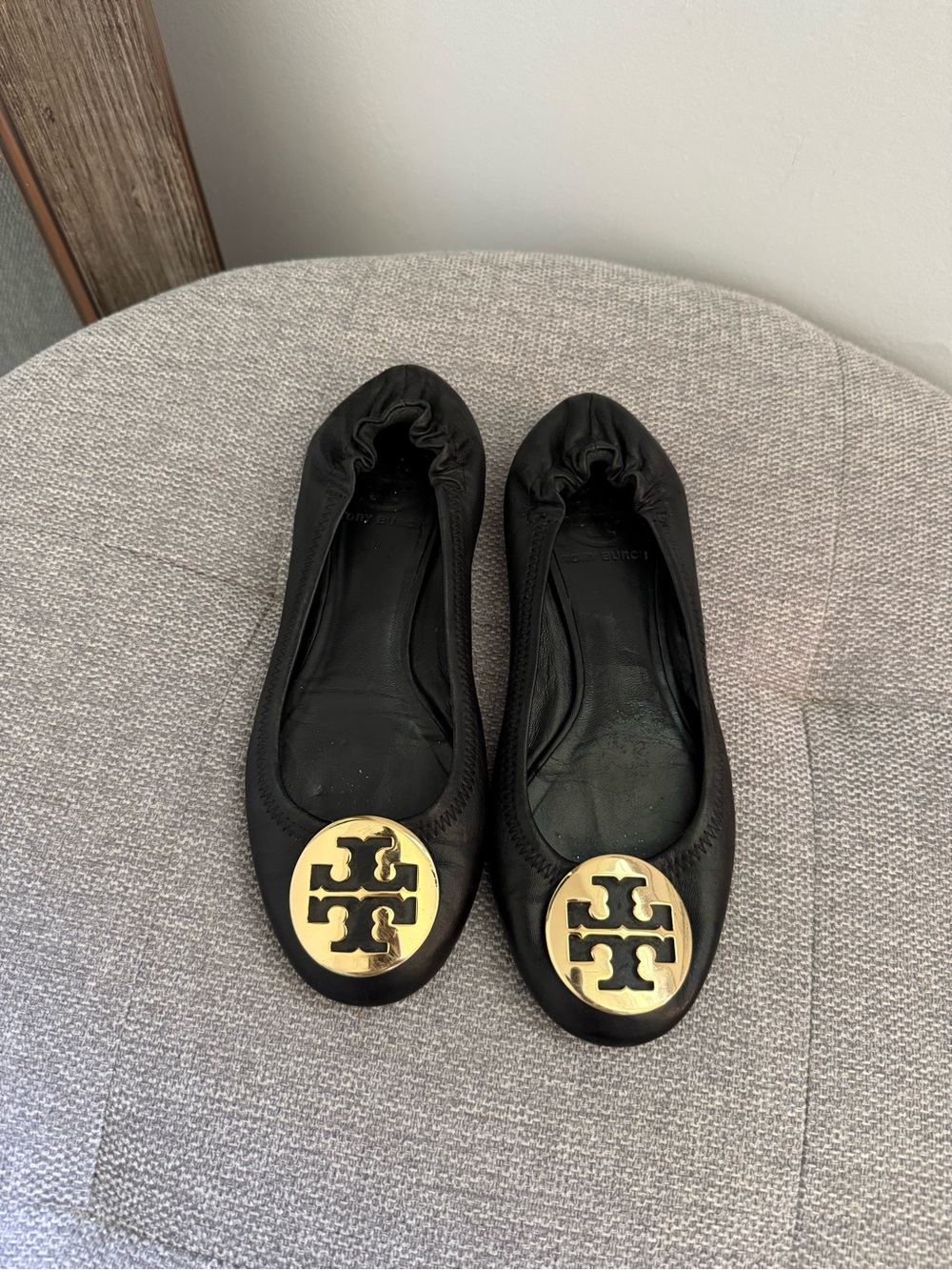 Tory Burch Black Ballet Flats with Gold Logo Medallions